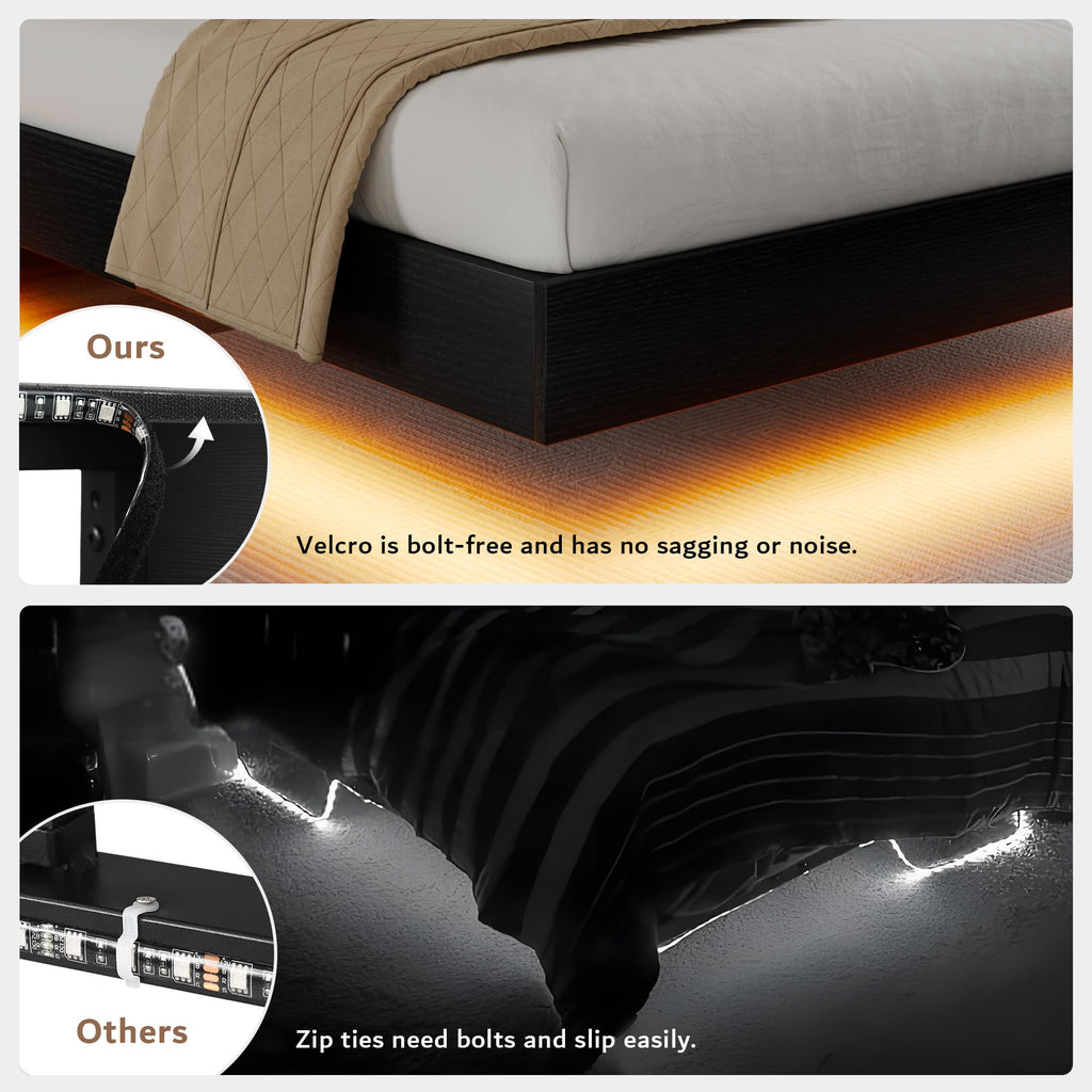 Queen Floating Bed Frame with LED Lights & Charging Station U72570