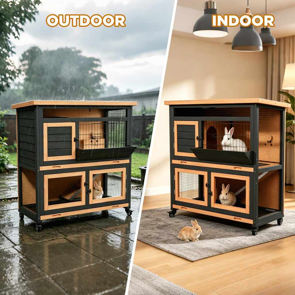 2-Story Wooden Rabbit Hutch Guinea Pig Cage with Wheels I784