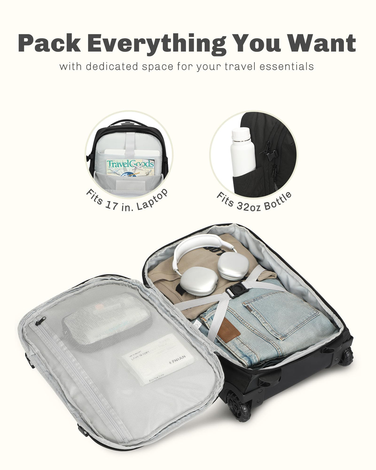 Rolling Backpack with Wheels 43L with Waist Pack Beige K3926
