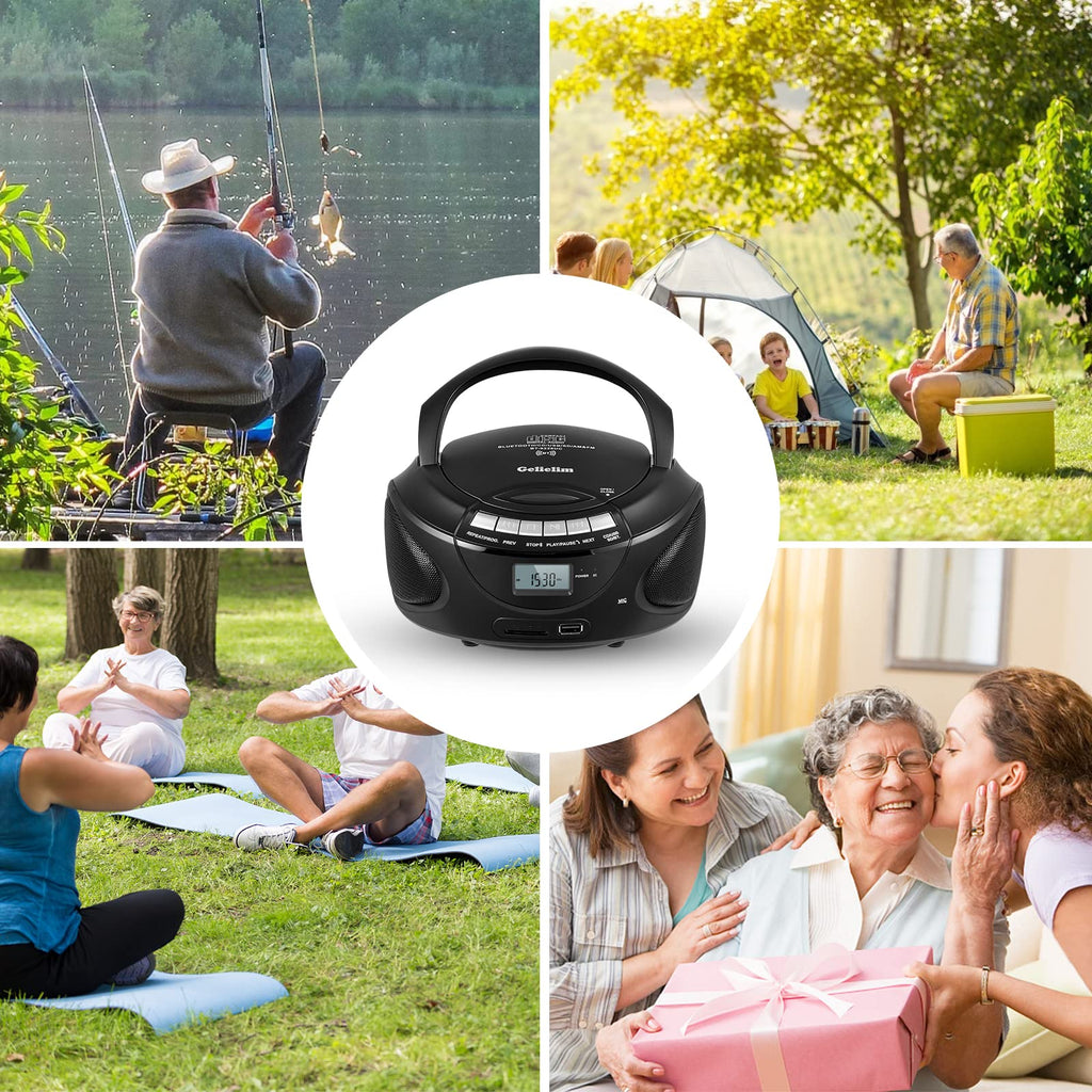Portable CD Boombox with AM/FM Radio, Bluetooth, USB, SD Card, LCD Display, Black N3939
