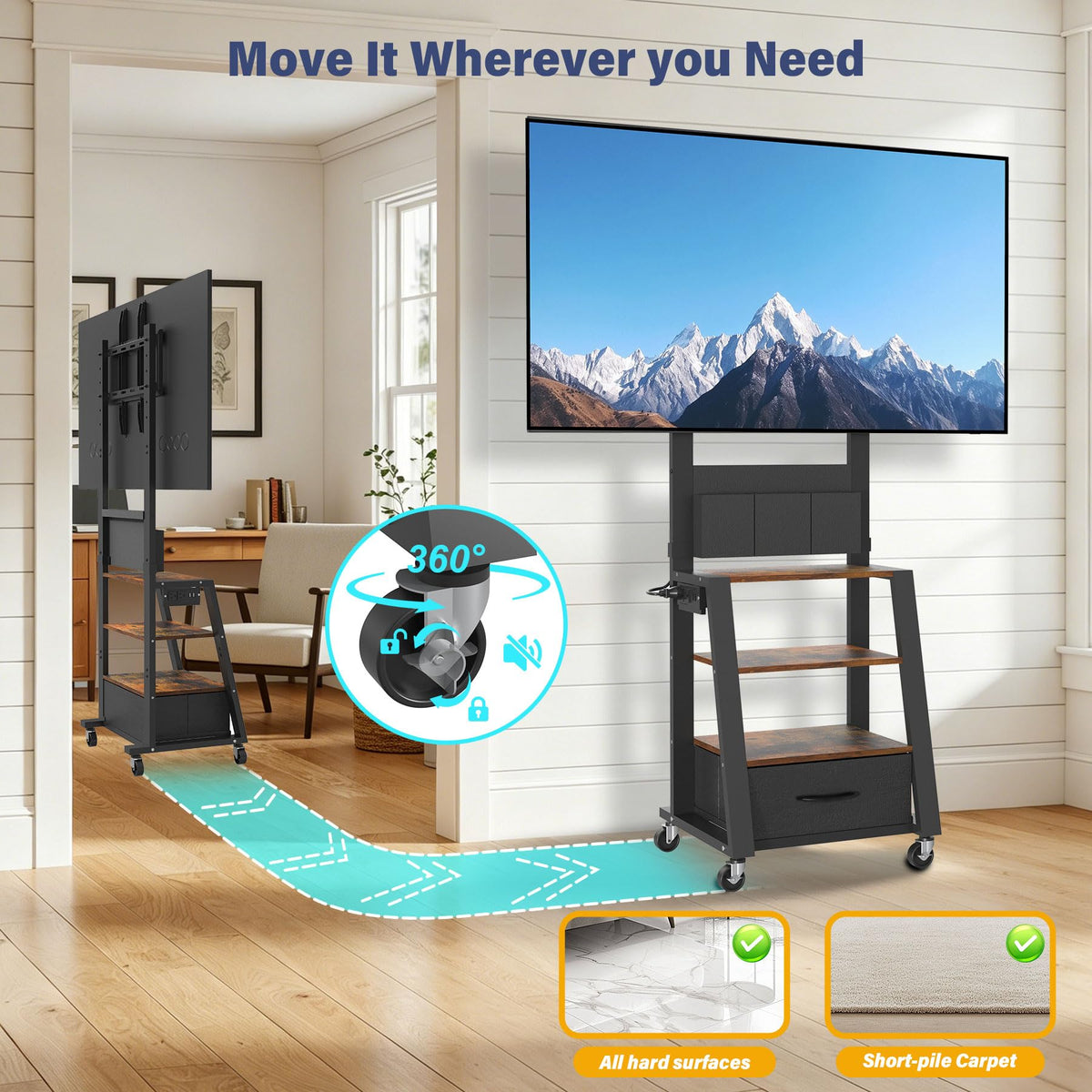 Rolling TV Stand with Power Outlet & 4-Tier Storage for 23-60 Inch Flat/Curved Screen E999