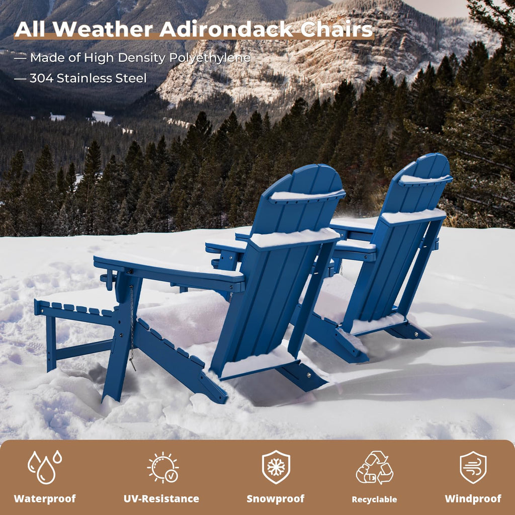 Set of 2 Blue Folding HDPE Plastic Adirondack Chairs with Pull-Out Footrest U6773