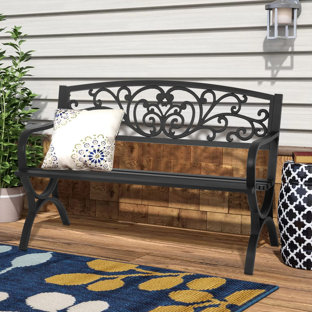 50 inch Black Metal Patio Garden Bench with Armrests S6352