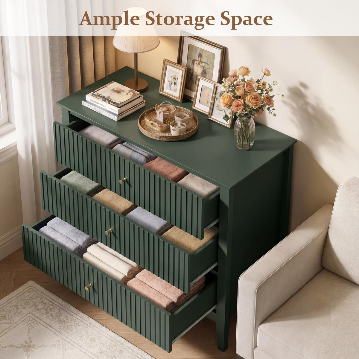 32" Dark Green 3 Drawer Nightstand Set of 2 I80047
