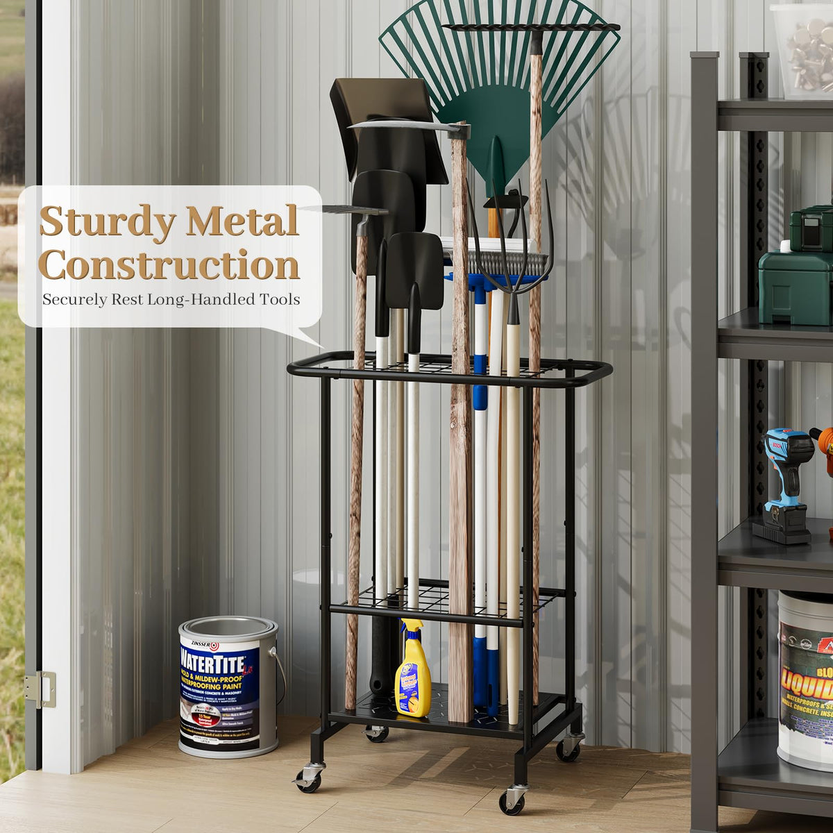 Heavy Duty Metal Garden Tool Organizer with Wheels M40581