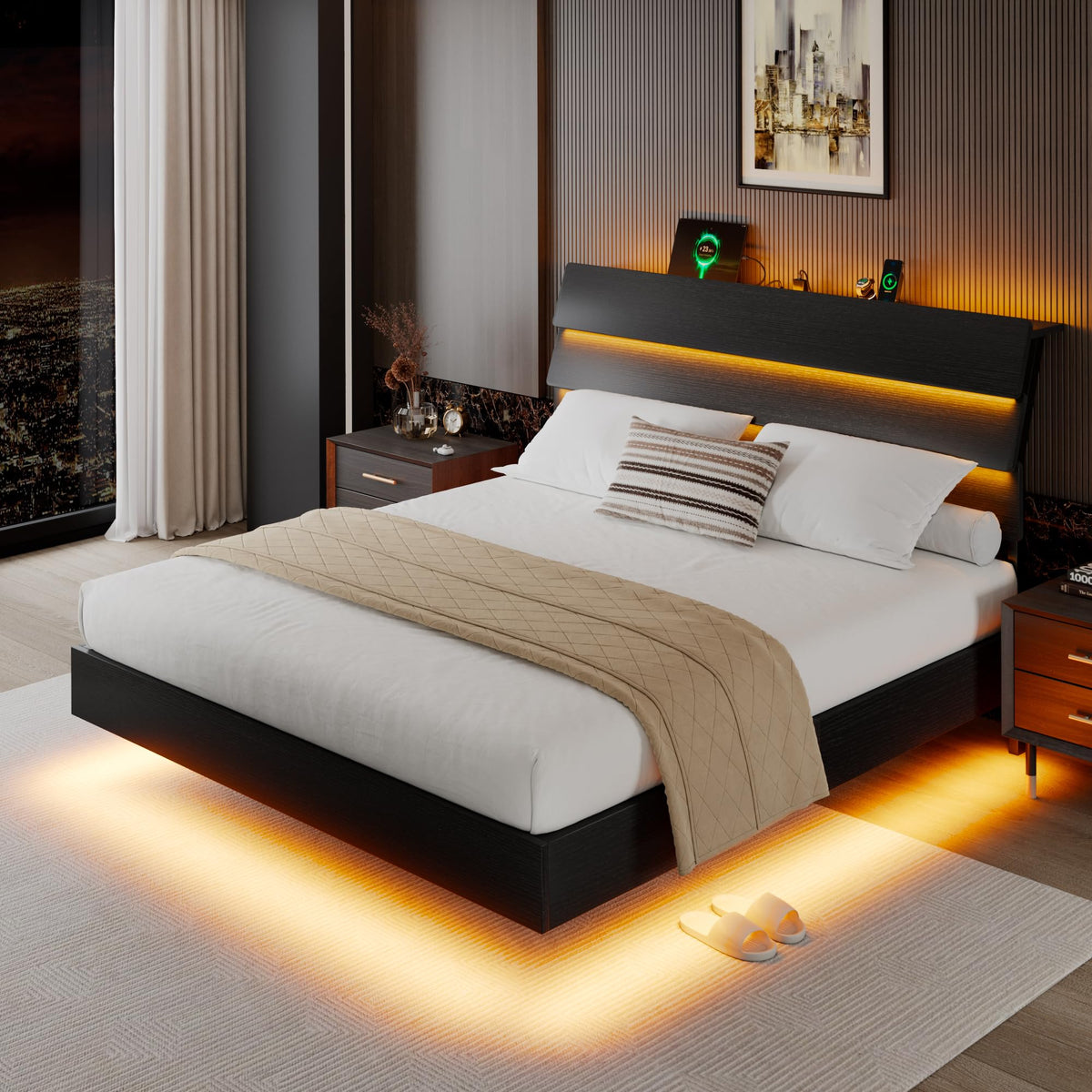 Queen Floating Bed Frame with LED Lights & Charging Station U72570