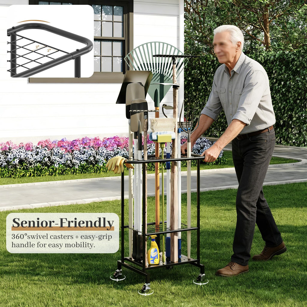 Heavy Duty Metal Garden Tool Organizer with Wheels M40581