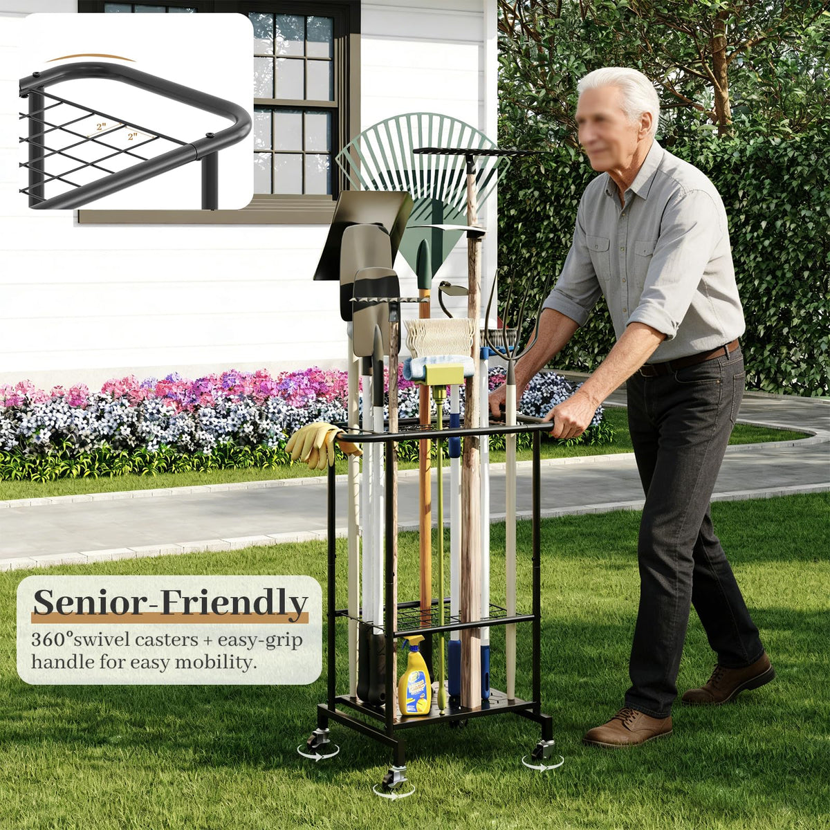 Heavy Duty Metal Garden Tool Organizer with Wheels M40581