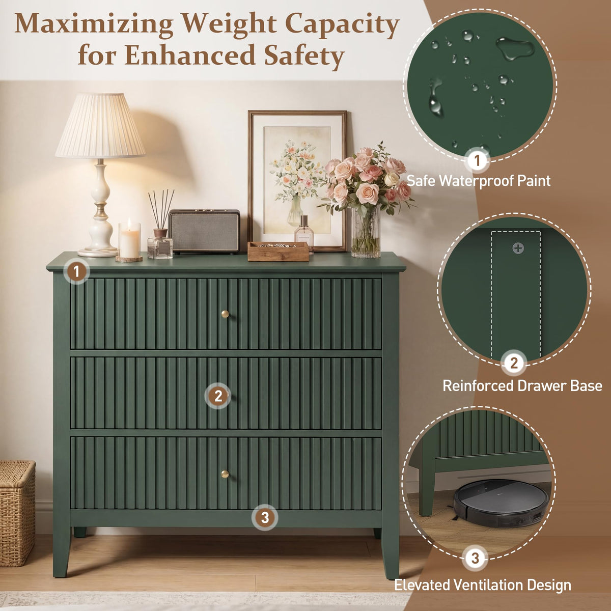 32" Dark Green 3 Drawer Nightstand Set of 2 I80047