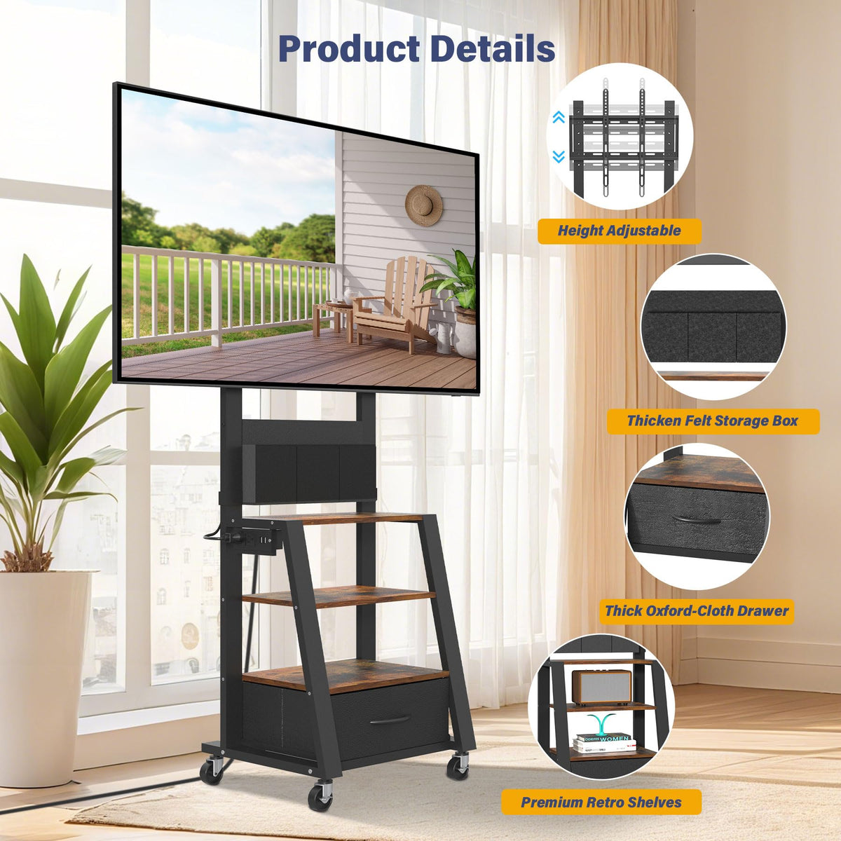 Rolling TV Stand with Power Outlet & 4-Tier Storage for 23-60 Inch Flat/Curved Screen E999
