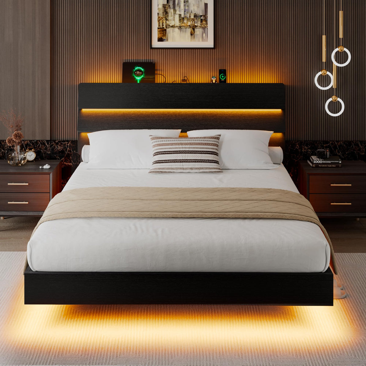 Queen Floating Bed Frame with LED Lights & Charging Station U72570