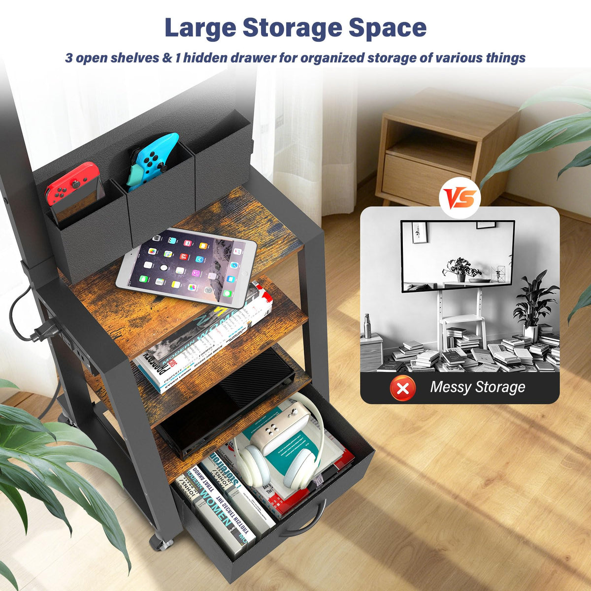 Rolling TV Stand with Power Outlet & 4-Tier Storage for 23-60 Inch Flat/Curved Screen E999