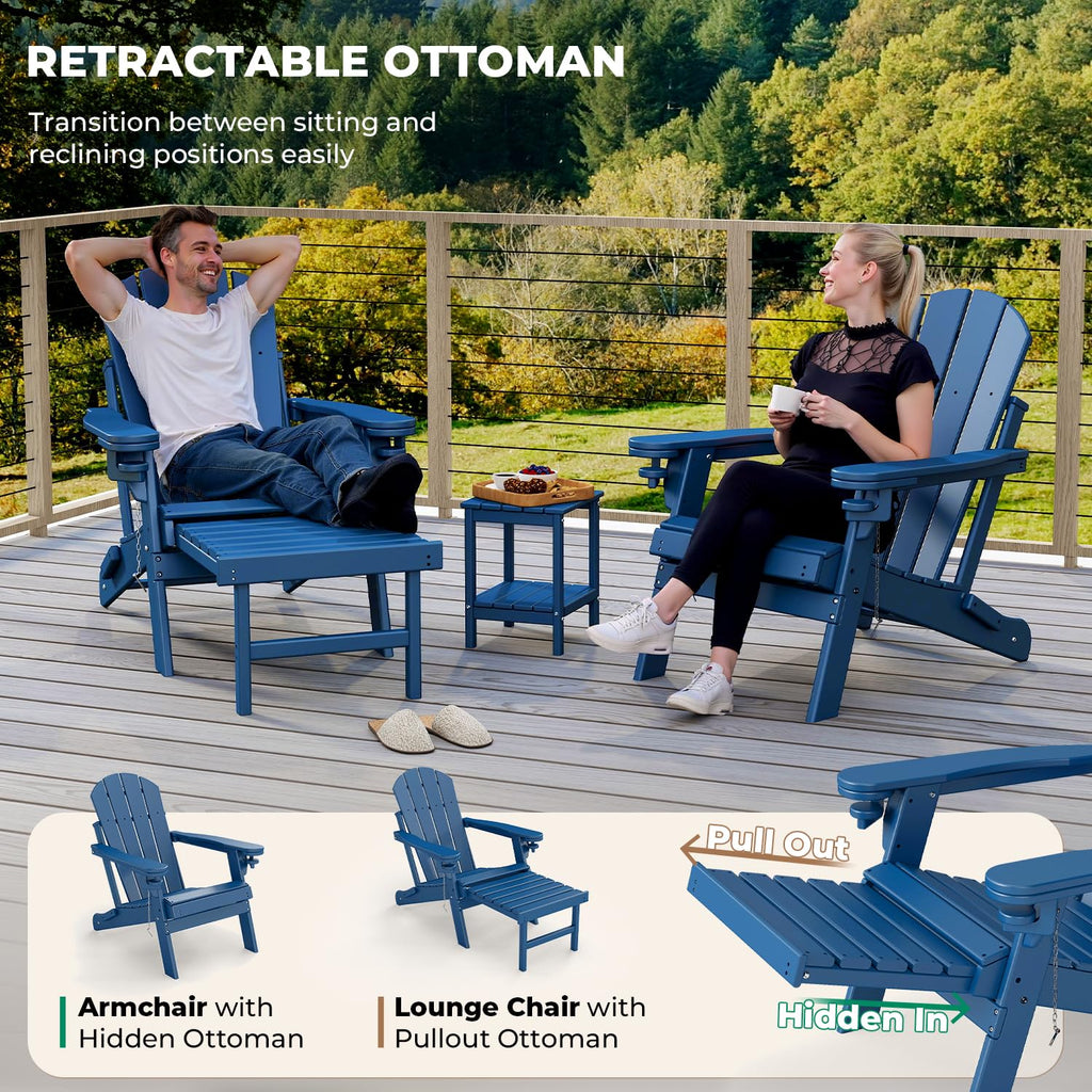 Set of 2 Blue Folding HDPE Plastic Adirondack Chairs with Pull-Out Footrest U6773