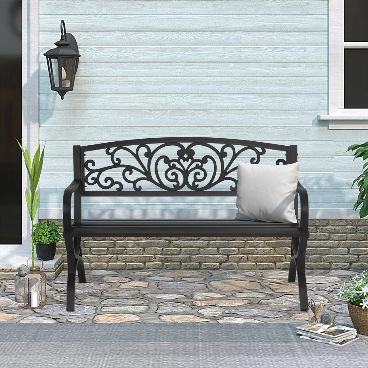 50 inch Black Metal Patio Garden Bench with Armrests S6352