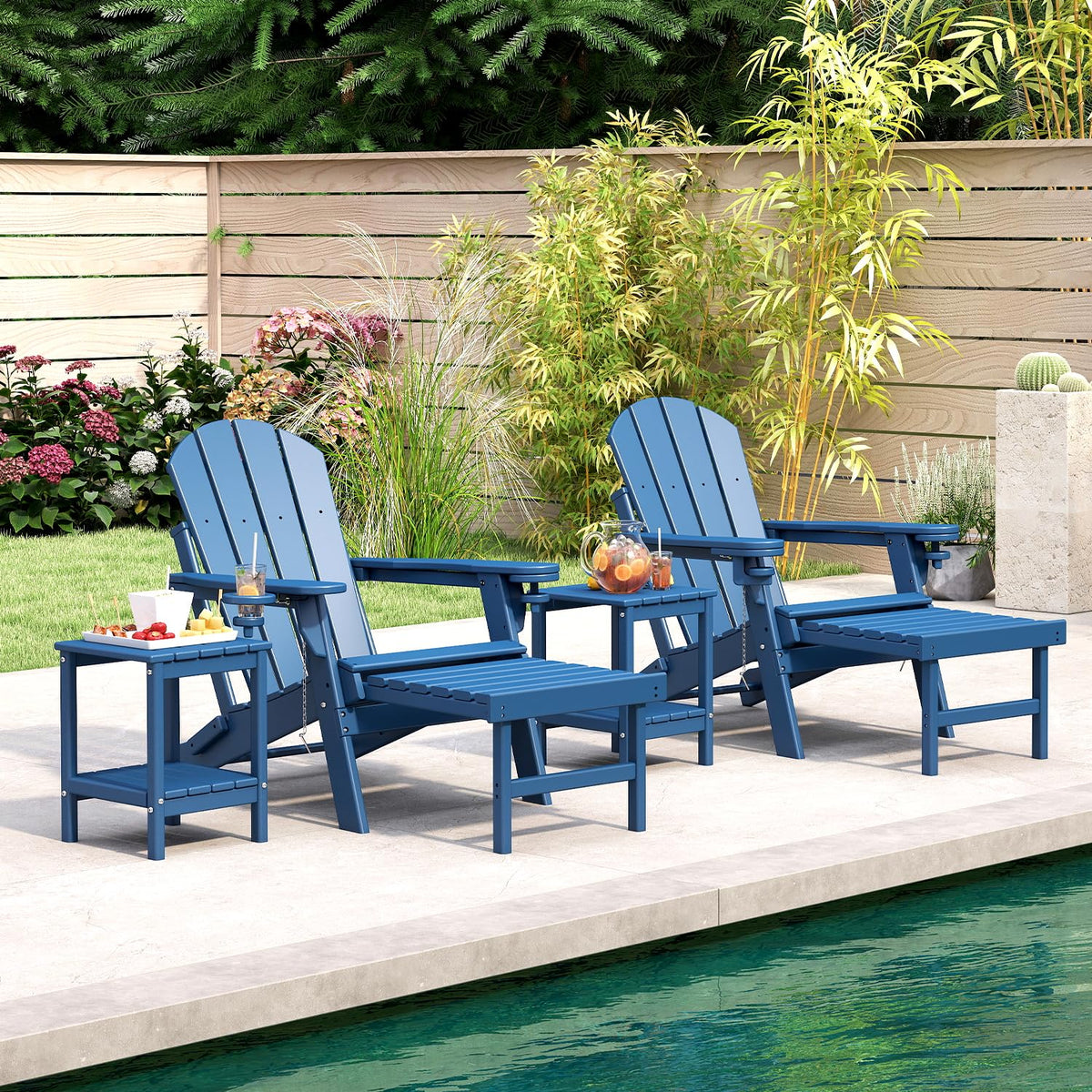 Set of 2 Blue Folding HDPE Plastic Adirondack Chairs with Pull-Out Footrest U6773