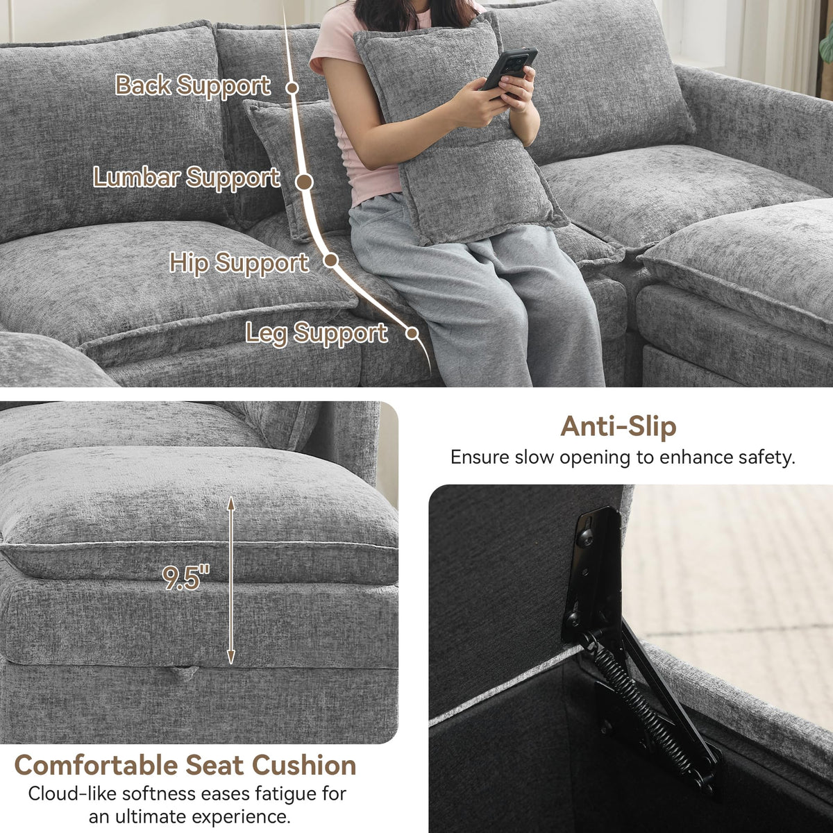 Light Grey Chenille 2 Seater Loveseat Sofa with Storage I799