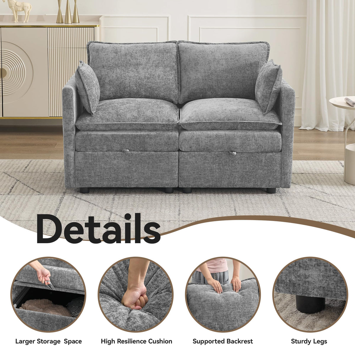 Light Grey Chenille 2 Seater Loveseat Sofa with Storage I799