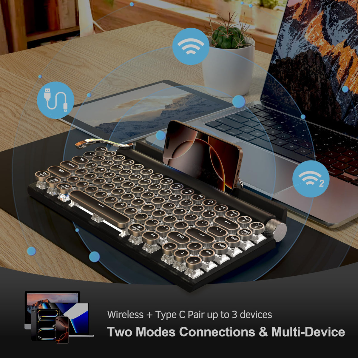 Wireless Bluetooth Mechanical Keyboard with Blue Switches, Black F316